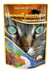 Ночной охотник консервы для кошек мясное ассорти в желе пауч 100 гр.